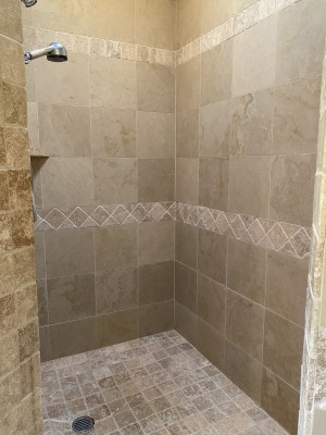 Large Walk in Tile Shower in Master Bathroom.
